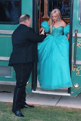Sweetheart Princess Long Corset Prom Dress in Peacock Green with Beading
