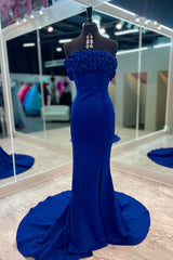 Long Satin Mermaid Prom Dress in Royal Blue with Ruffles Strapless