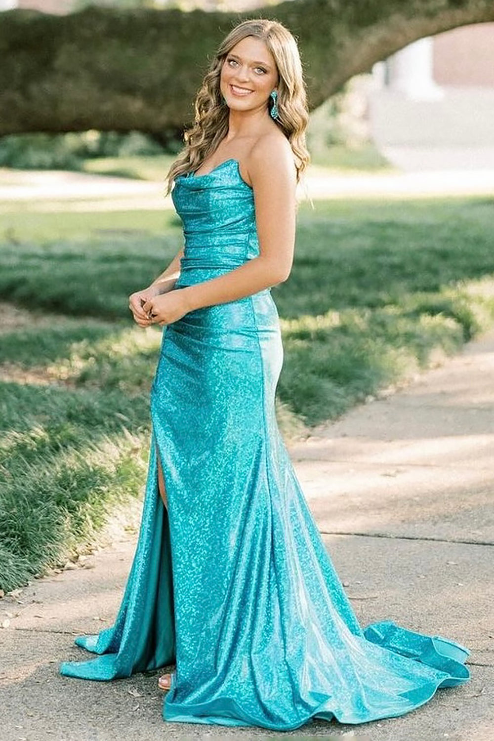 Metallic Turquoise Strapless Long Mermaid Prom Dress with Ruched Detail and Slit