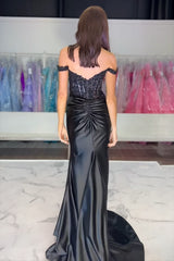 Mermaid Corset Prom Dress in Royal Blue with Off-the-Shoulder Satin and Appliques