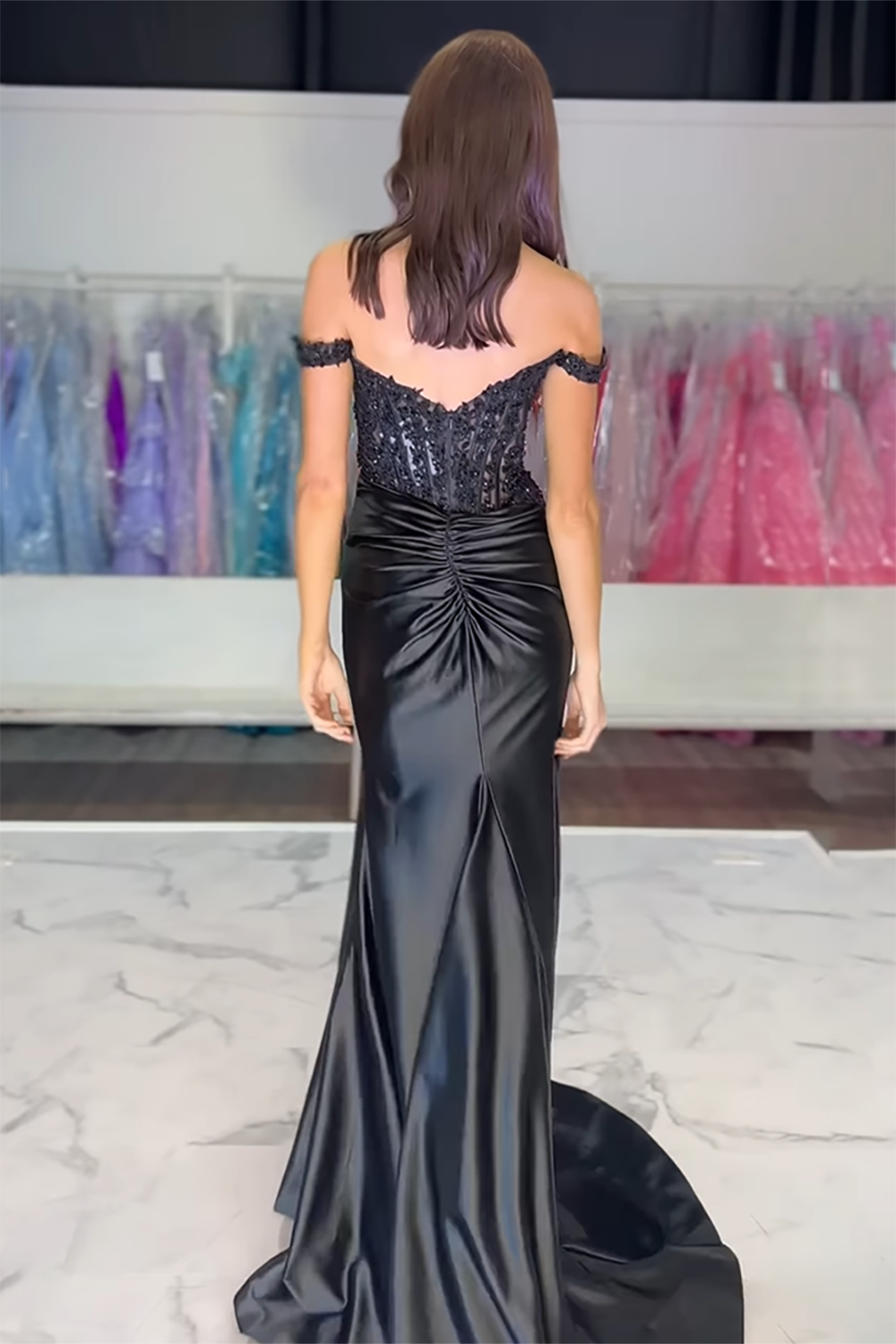 Long Fuchsia Satin Corset Prom Dress with Lace Off-the-Shoulder