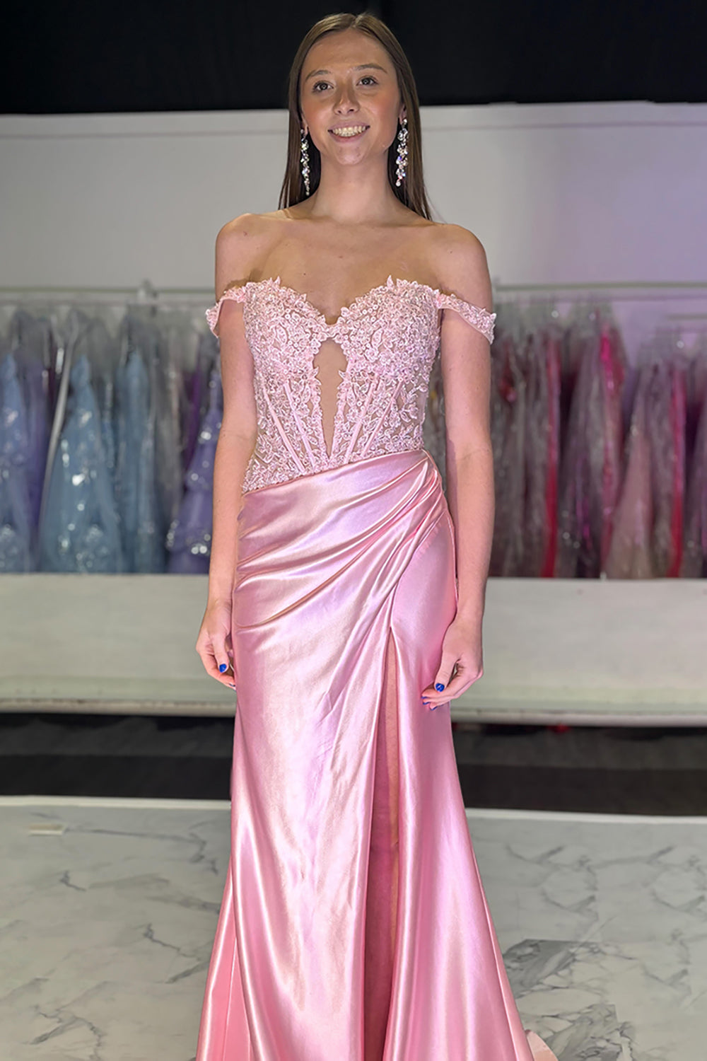Satin Mermaid Prom Dress with Appliques in Blush Off-the-Shoulder Corset Style