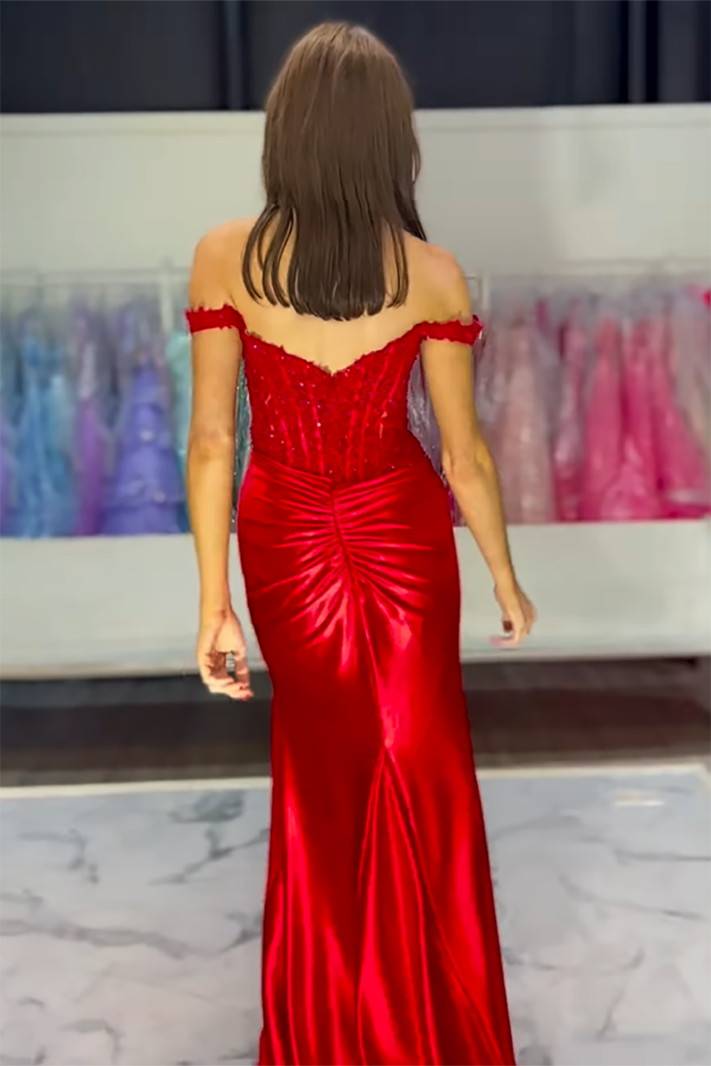 Long Satin Prom Dress in Pink with Off-the-Shoulder Corset and Lace