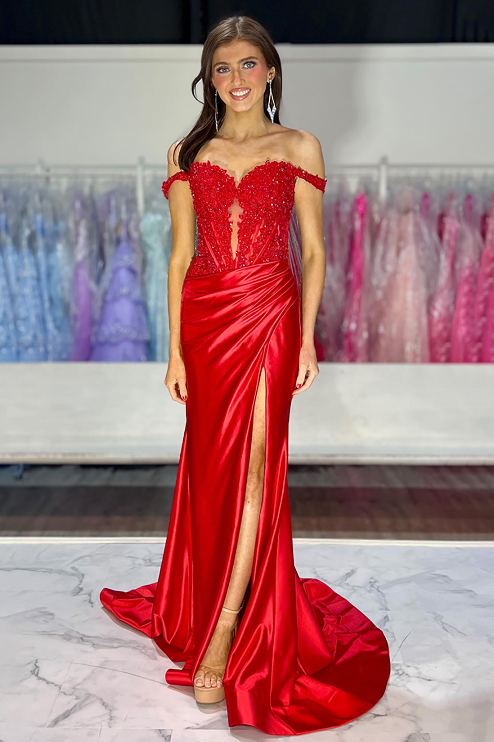 Long Fuchsia Satin Corset Prom Dress with Lace Off-the-Shoulder