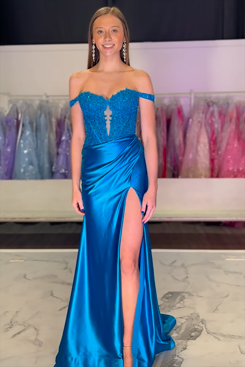 Long Fuchsia Satin Corset Prom Dress with Lace Off-the-Shoulder