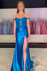 Long Fuchsia Satin Corset Prom Dress with Lace Off-the-Shoulder