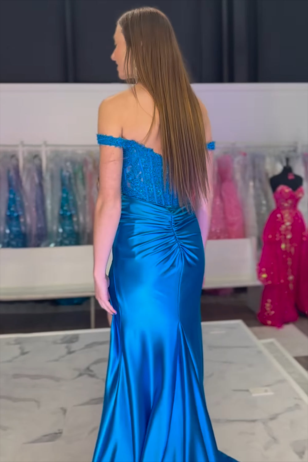 Satin Mermaid Prom Dress with Appliques in Blush Off-the-Shoulder Corset Style