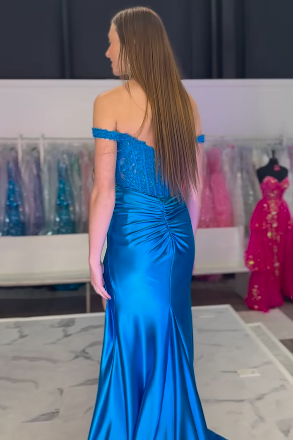 Long Fuchsia Satin Corset Prom Dress with Off-Shoulder Lace