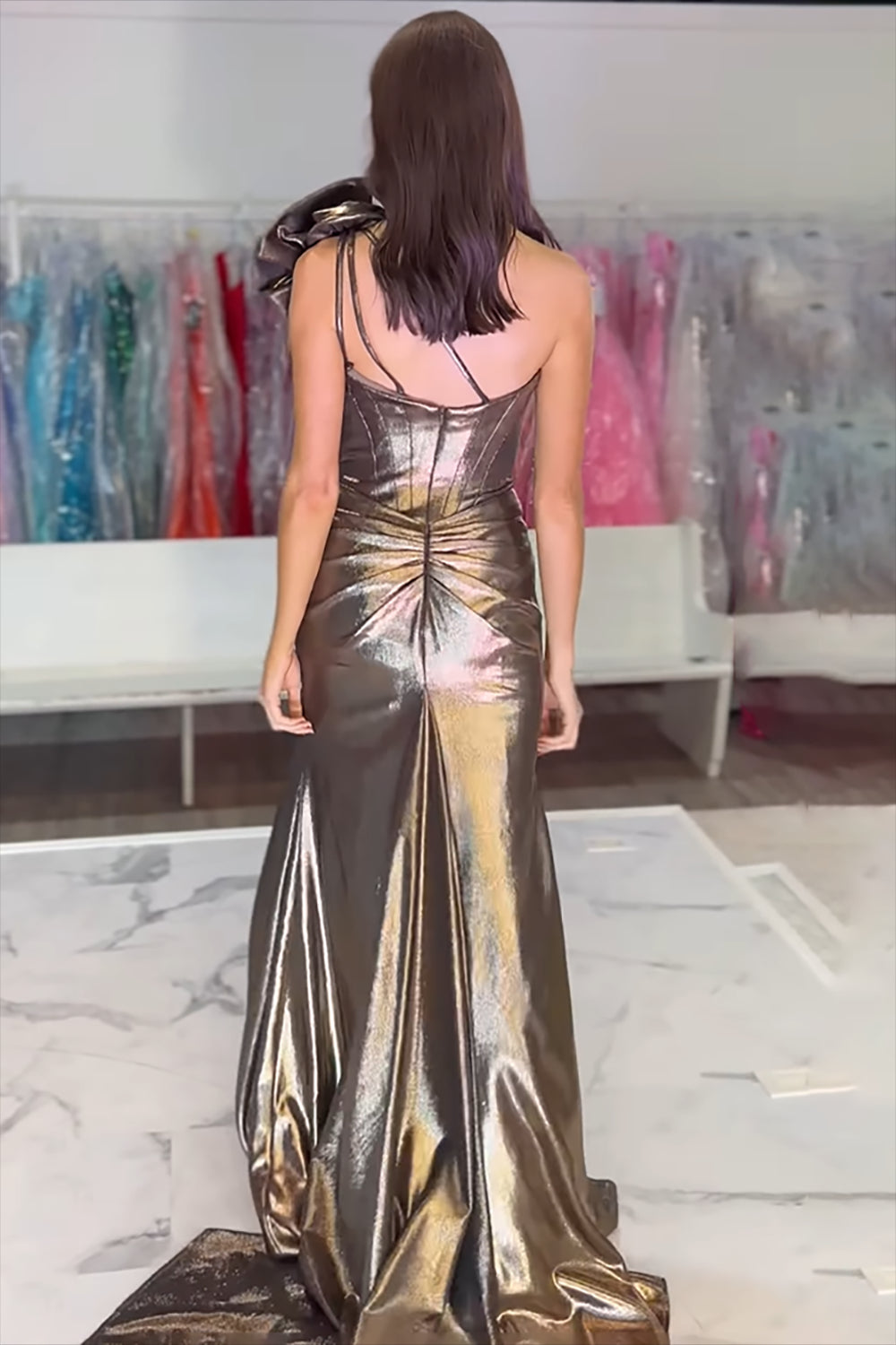 Metallic Gold One-Shoulder Mermaid Prom Dress with Long Corset and Slit