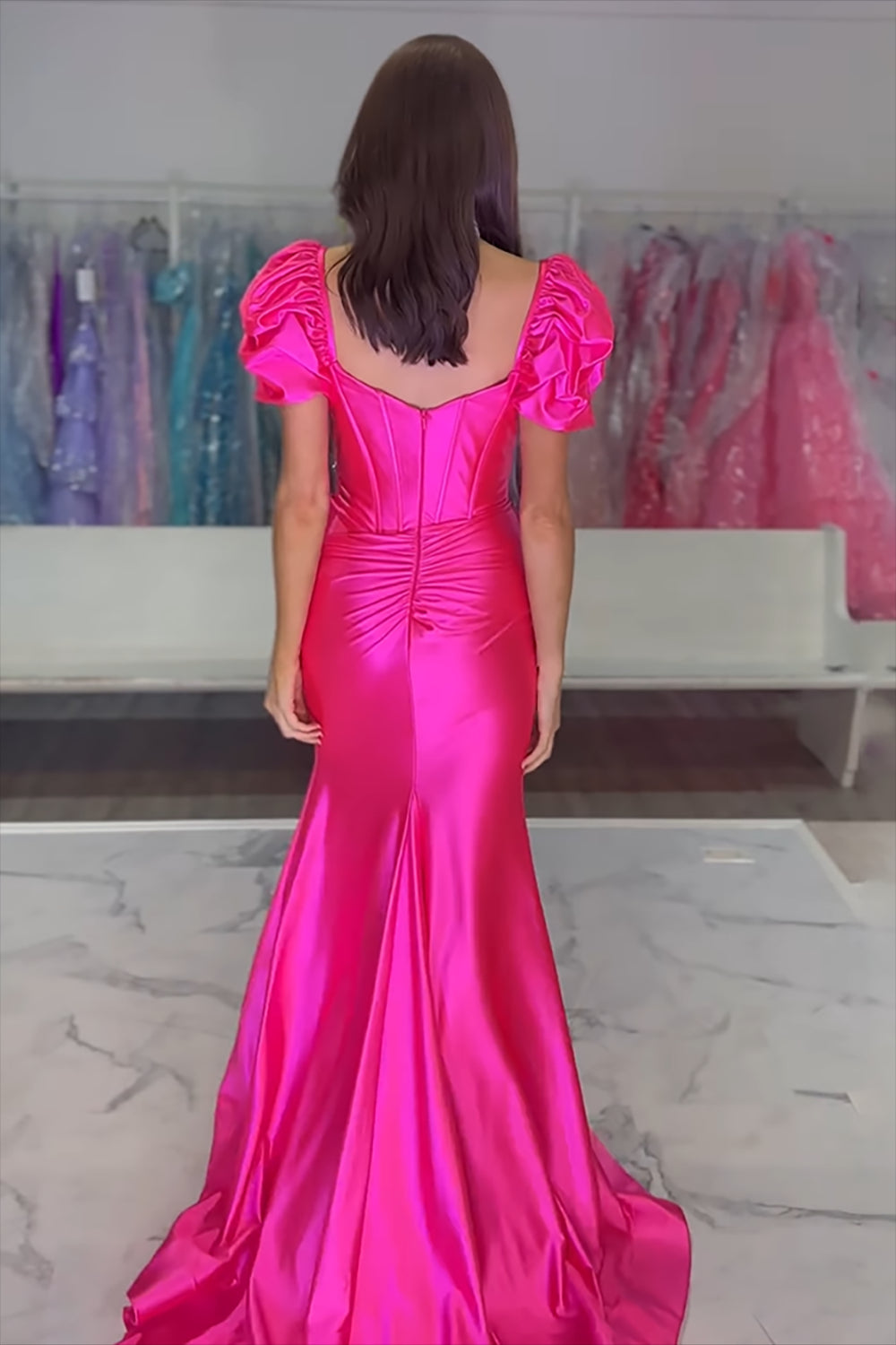 Long Satin Corset Prom Dress with Fuchsia Mermaid Puff Sleeves and Ruched Slit
