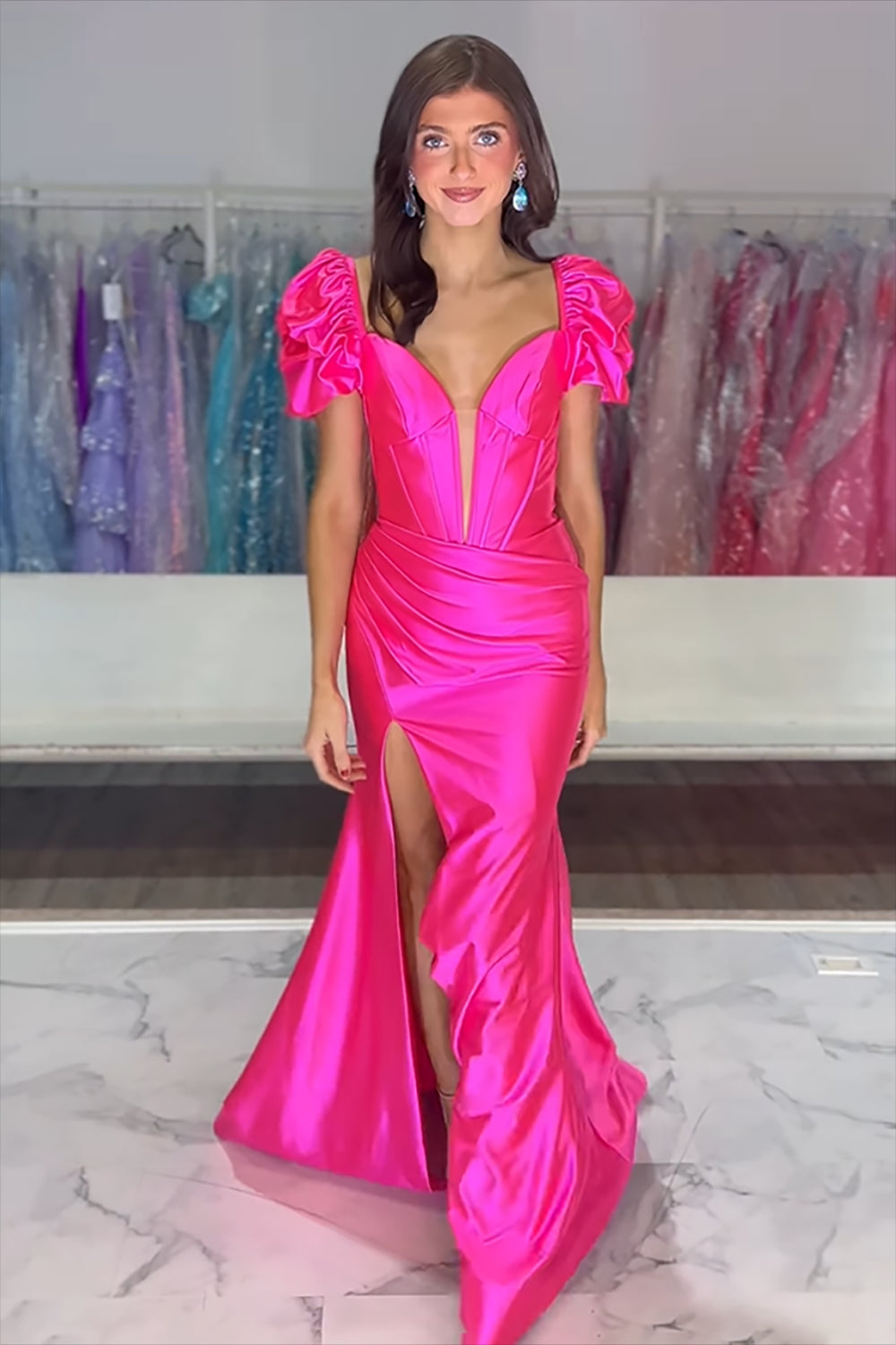 Long Satin Corset Prom Dress with Fuchsia Mermaid Puff Sleeves and Ruched Slit