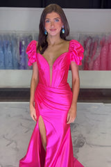 Long Satin Corset Prom Dress with Fuchsia Mermaid Puff Sleeves and Ruched Slit