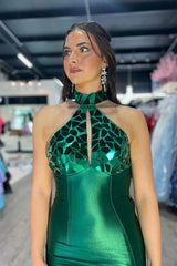 Long Satin Prom Dress in Emerald Green with Halter Neck and Mermaid Mirror Design
