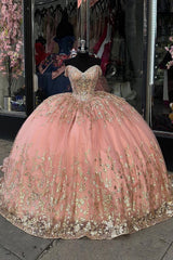 Sequined Off-the-Shoulder Quinceanera Dress with Sparkly Blush Beading