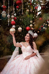 Off-the-Shoulder Ball Gown in Light Pink with Applique and Train for Quinceanera