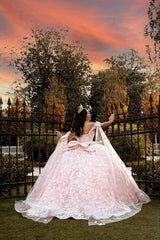 Off-the-Shoulder Ball Gown in Light Pink with Applique and Train for Quinceanera