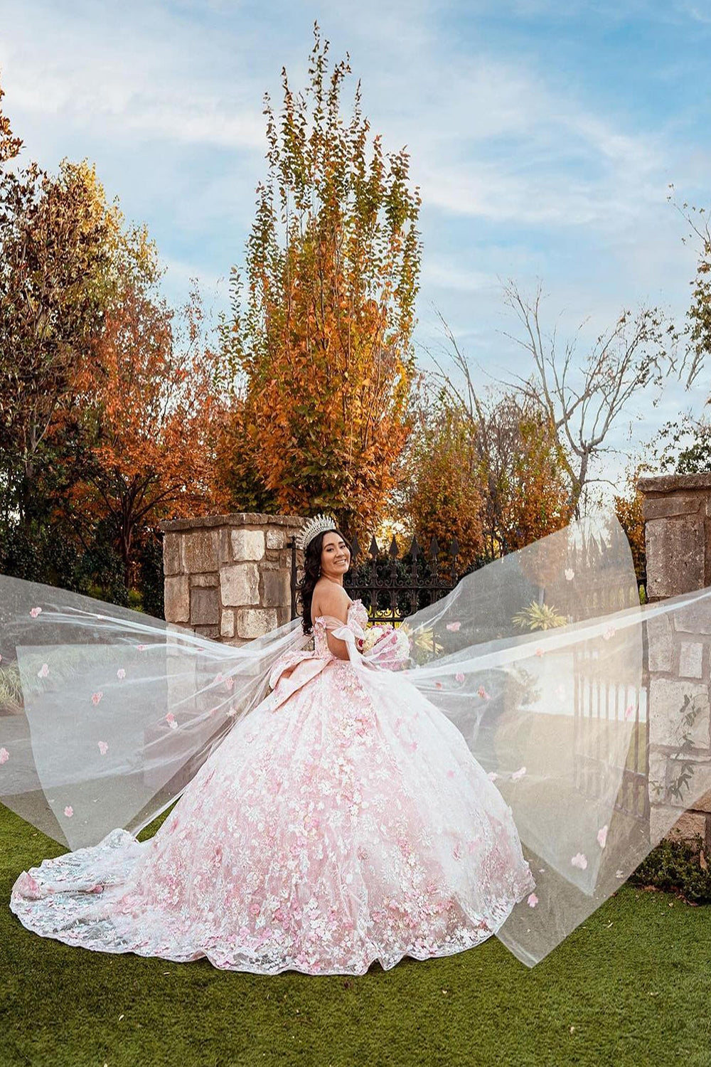 Off-the-Shoulder Ball Gown in Light Pink with Applique and Train for Quinceanera