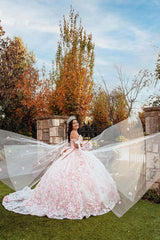 Off-the-Shoulder Ball Gown in Light Pink with Applique and Train for Quinceanera