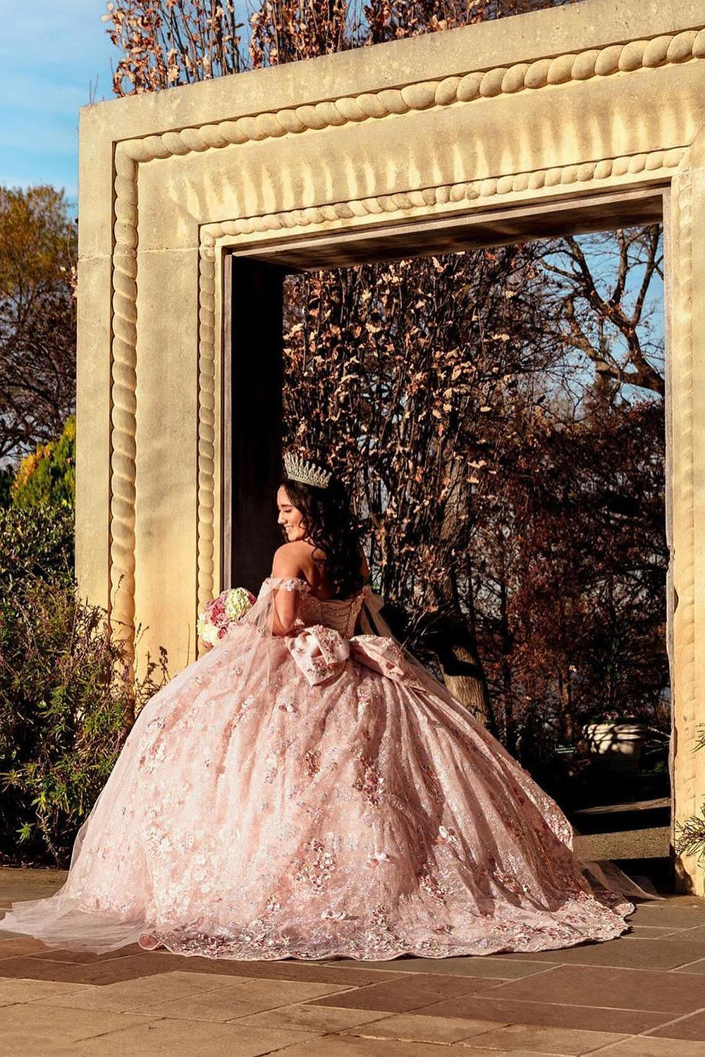 Off-the-Shoulder Ball Gown in Light Pink with Applique and Train for Quinceanera