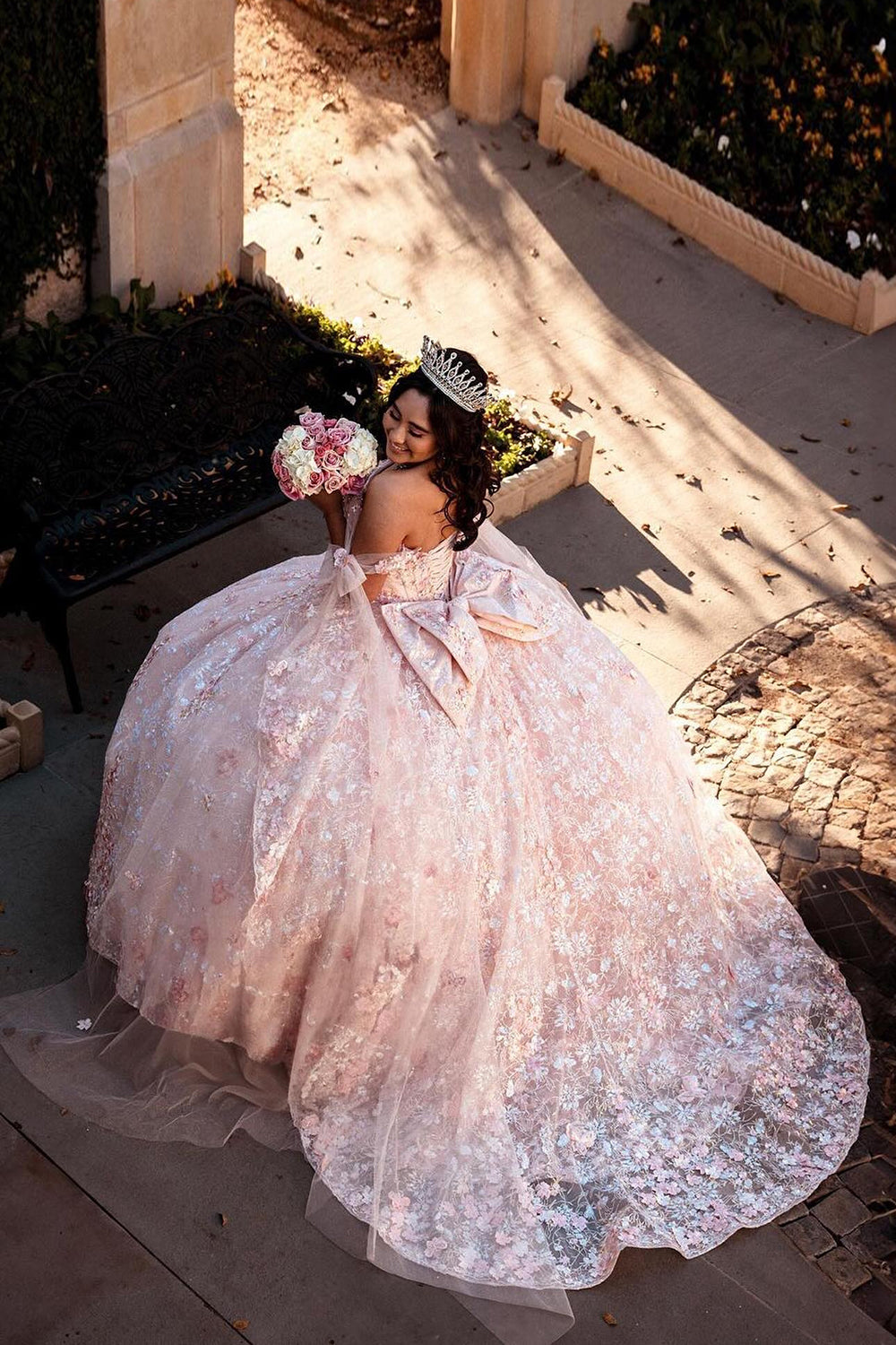 Off-the-Shoulder Ball Gown in Light Pink with Applique and Train for Quinceanera