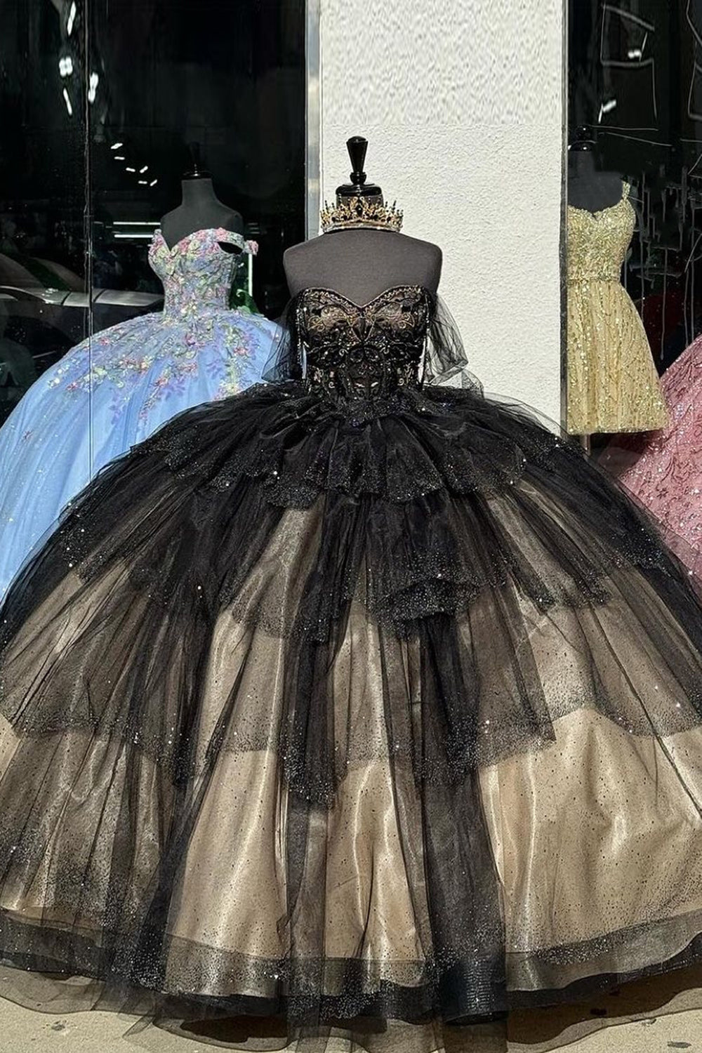 Off the Shoulder Black Apricot Ball Gown with Sparkle for Quinceanera