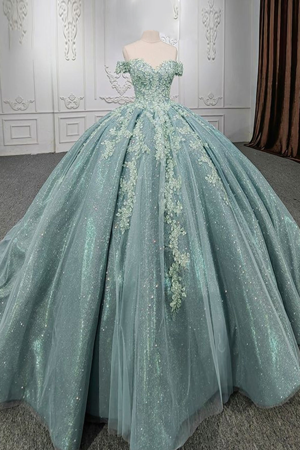 Grey Green Sparkly Off-the-Shoulder Ball Gown with Applique and Train for Quinceanera