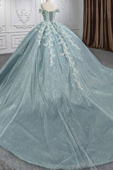 Grey Green Sparkly Off-the-Shoulder Ball Gown with Applique and Train for Quinceanera