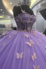 Quinceanera Ball Gown in Sparkly Purple Tulle with 3D Butterflies and Spaghetti Straps