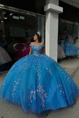 Blue Sparkle Appliqued Off-Shoulder Princess Quinceanera Dress with Train