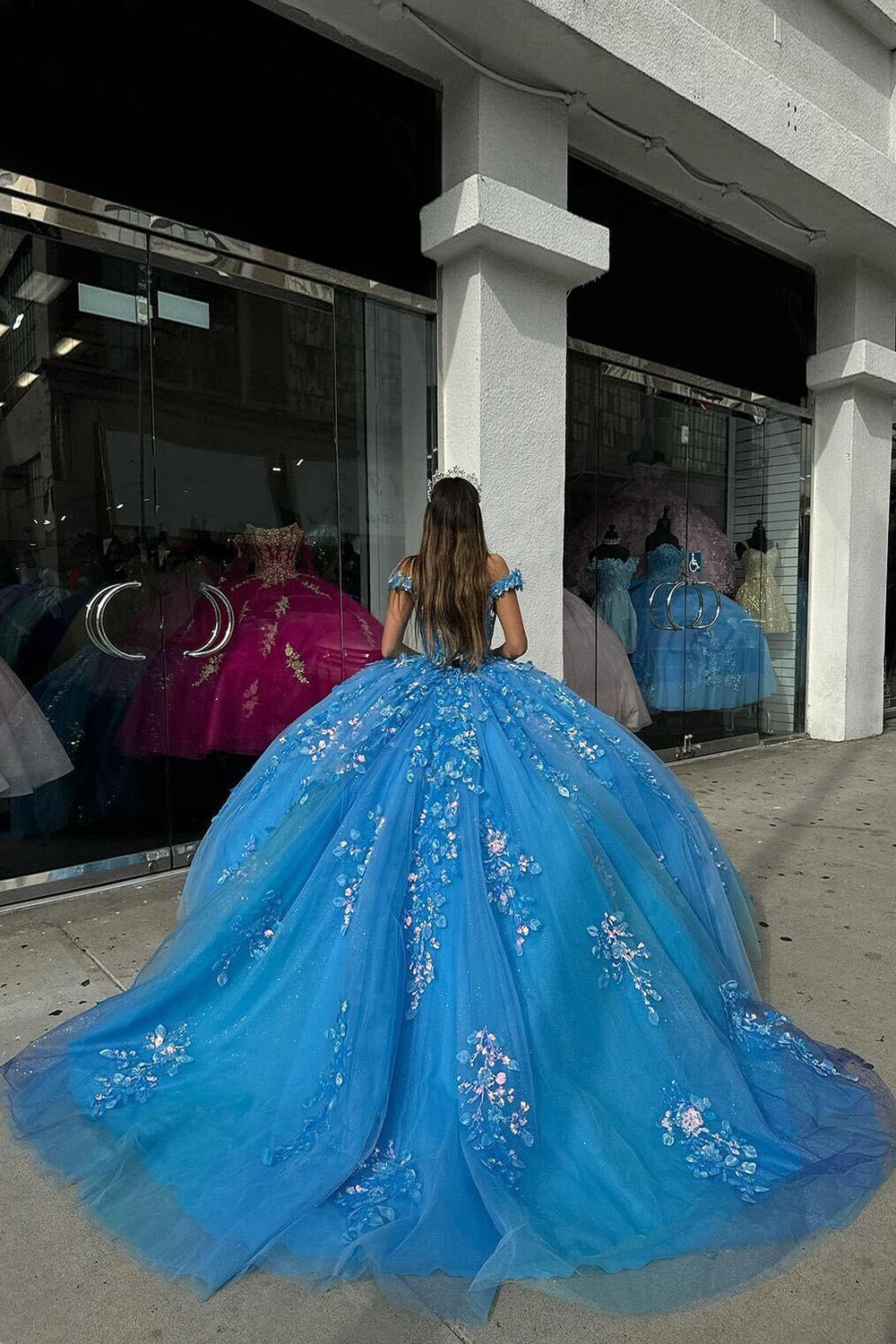 Blue Sparkle Appliqued Off-Shoulder Princess Quinceanera Dress with Train