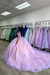 Lilac Sparkle Princess Quinceanera Dress with Off-Shoulder Applique and Train