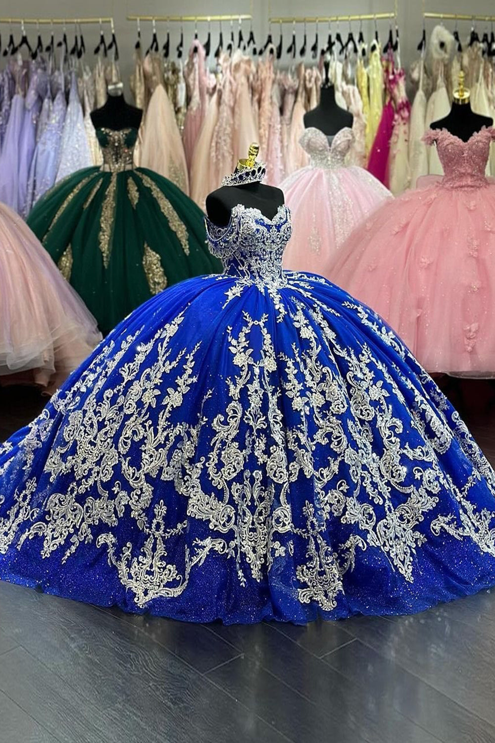 Royal Blue Sparkle Off-Shoulder Quinceanera Ball Gown Featuring Appliques