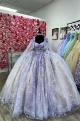 Princess Quinceanera Dress with Lilac Apricot Spaghetti Straps and Appliqued Cape