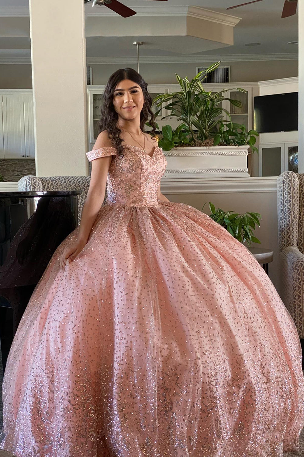 Off the Shoulder Sparkly Blush Ball Gown for Quinceanera