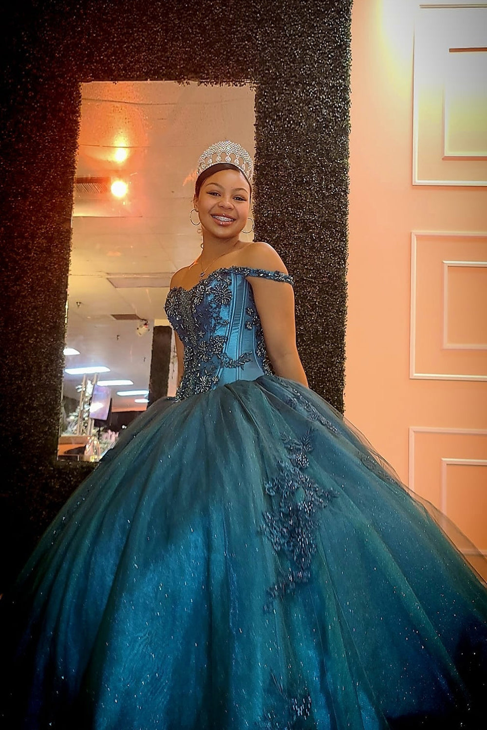 Off-the-Shoulder Princess Quinceanera Dress in Peacock Blue with Applique and Beading