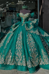 Dark Green Sparkly Off-the-Shoulder Princess Tulle Dress with Applique for Quinceanera