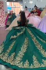 Dark Green Sparkly Off-the-Shoulder Princess Tulle Dress with Applique for Quinceanera