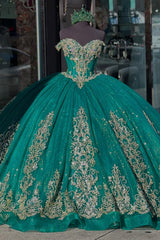 Dark Green Sparkly Off-the-Shoulder Princess Tulle Dress with Applique for Quinceanera