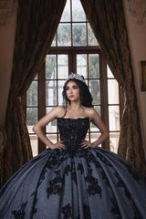 Black Sparkle Strapless Quinceanera Gown with Tulle Applique