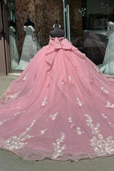 Pink Sparkle Princess Long Tulle Quinceanera Dress with Off-Shoulder Bow Applique