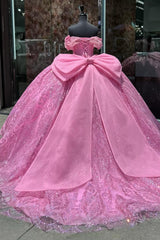 Hot Pink Sparkle Off-Shoulder Tulle Quinceanera Dress with Bow and Applique