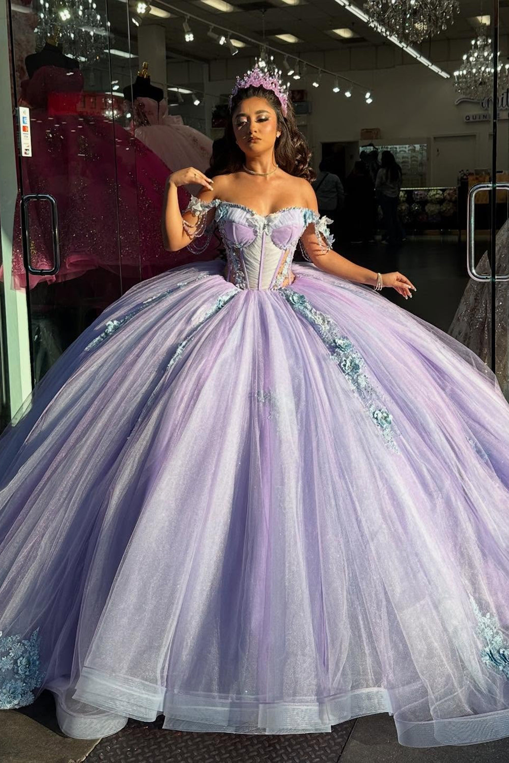 Off-the-Shoulder Lilac Ball Gown with Beaded Applique and Tulle for Quinceanera