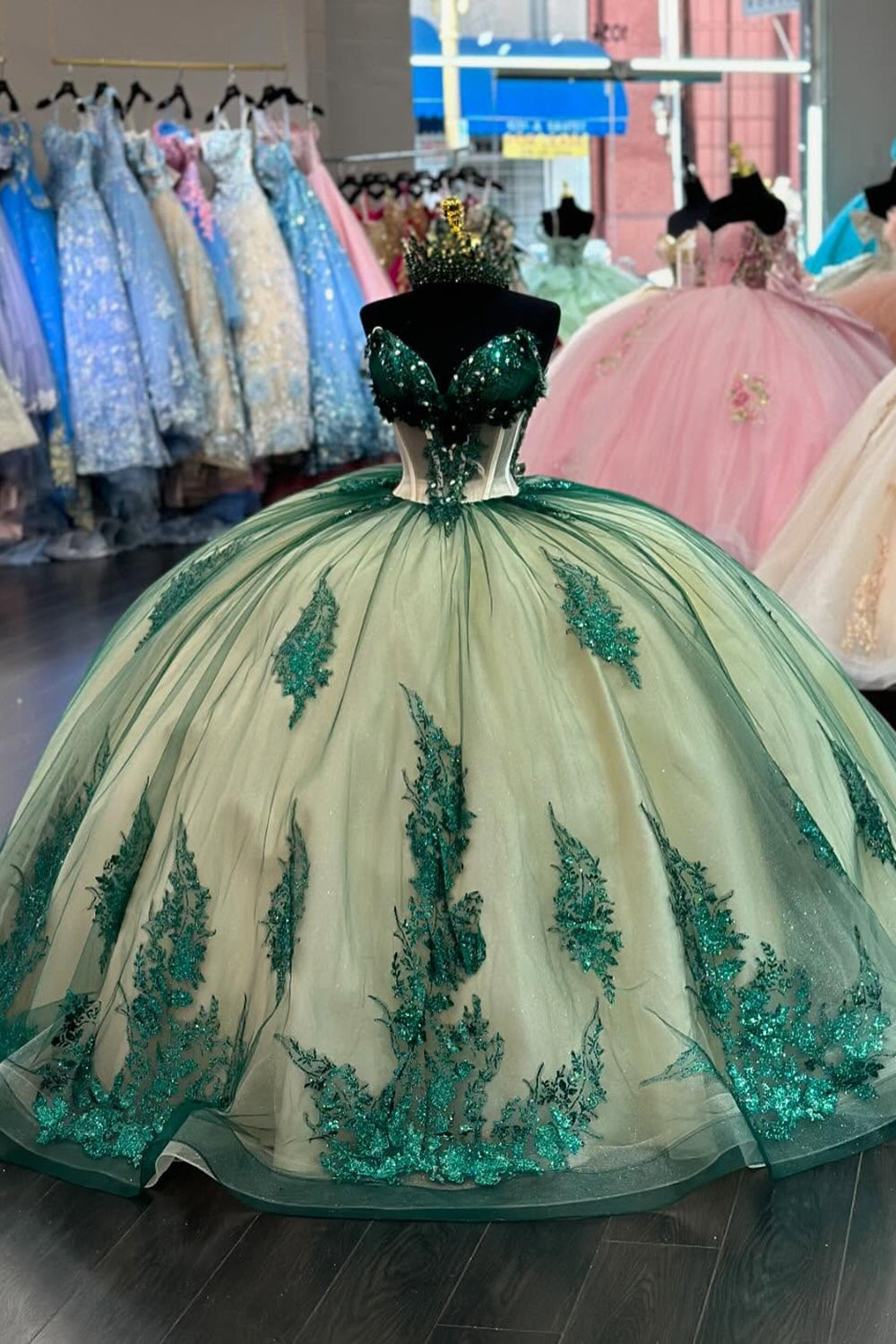 Off-the-Shoulder Dark Green Quinceanera Dress with Beaded Applique and Sequins on Tulle
