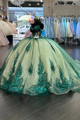 Off-the-Shoulder Dark Green Quinceanera Dress with Beaded Applique and Sequins on Tulle