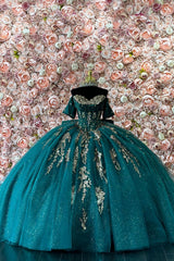 Off-the-Shoulder Dark Green Quinceanera Dress with Beaded Applique and Tulle Train