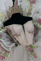 Long Tulle Quinceanera Dress with Beaded Embroidery and Bow in Pink Off the Shoulder Style