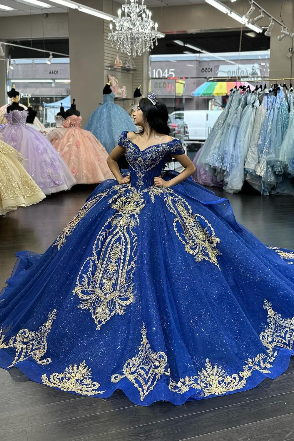 Royal Blue Sparkly Off-the-Shoulder Princess Quinceanera Dress with Sequins and Tulle Train