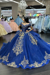 Royal Blue Sparkly Off-the-Shoulder Princess Quinceanera Dress with Sequins and Tulle Train
