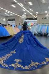 Royal Blue Sparkly Off-the-Shoulder Princess Quinceanera Dress with Sequins and Tulle Train