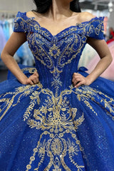 Royal Blue Sparkly Off-the-Shoulder Princess Quinceanera Dress with Sequins and Tulle Train